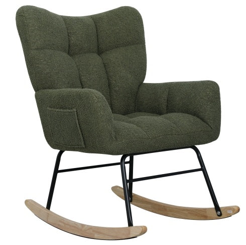 Teddy Fabric Rocking Chair, Modern Rocking Accent Chair For Nursery, Living Room, Bedroom, Deep Green