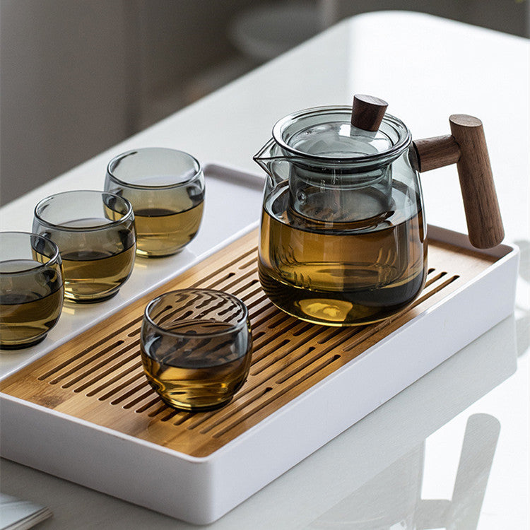 Chinese Wooden Handle Glass Teapot Tea Water Separator