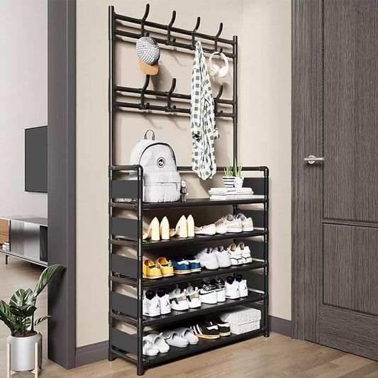 New Coat And Hat Stand 8 Hooks Metal Shoe Rack 5 Tiers Shelf Hanger Black UK