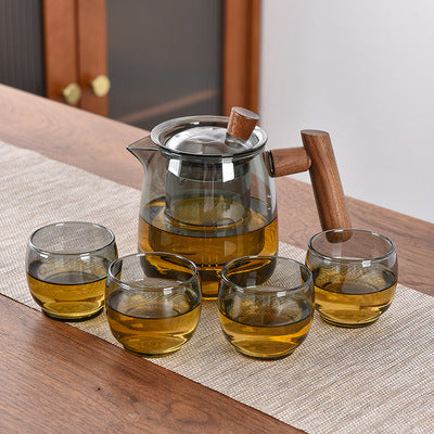 Chinese Wooden Handle Glass Teapot Tea Water Separator