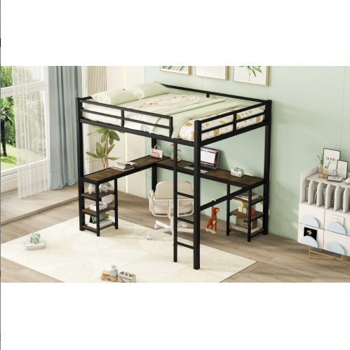 Full Metal Loft Bed With Desk And Shelves, Loft Bed With Ladder And Guardrails, Loft Bed Frame For Bedroom