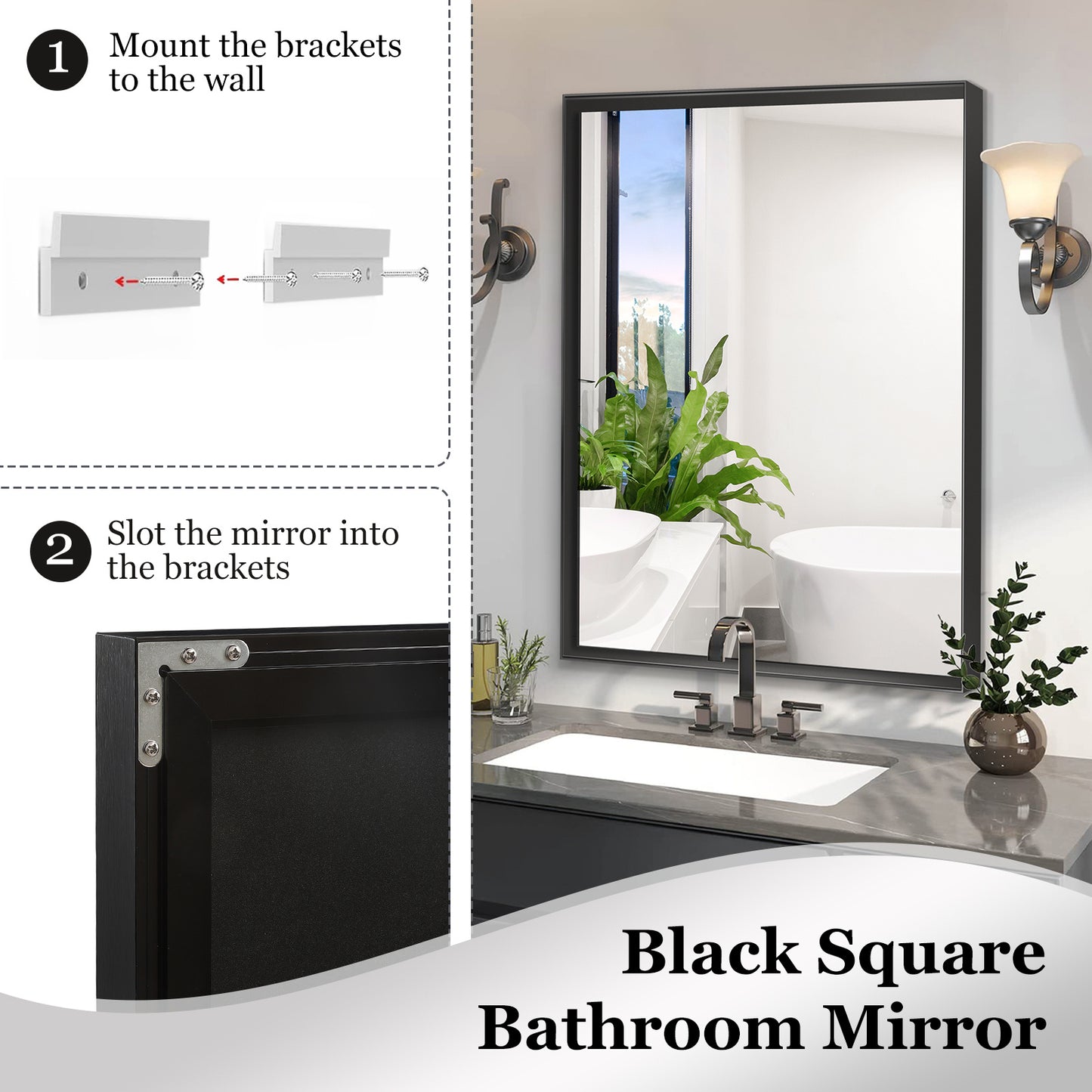 40x30 Inch Glossy Black Bathroom Mirror Wall Rectangular Vanity Mirror