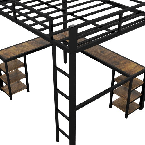 Full Metal Loft Bed With Desk And Shelves, Loft Bed With Ladder And Guardrails, Loft Bed Frame For Bedroom